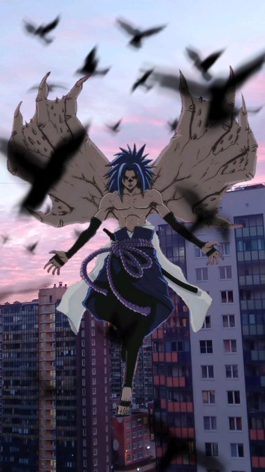 An anime-style illustration depicts a winged character with blue spiky hair and a purple sash floating above a cityscape at dusk, surrounded by a flock of dark birds.