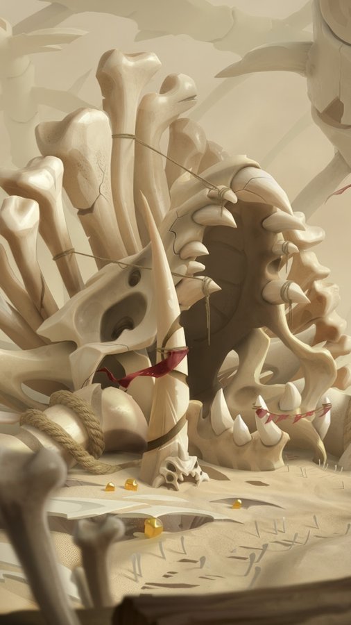 The image depicts a stylized scene of towering bone structures forming a skull-like archway tied with rope, with scattered amber droplets on the cracked sandy ground below. This relates to the post as it showcases the 8th Bone Environment Spotlight from the OthersideMeta Resource Game, continuing their weekly cadence of environment teasers ahead of the community testing launch.