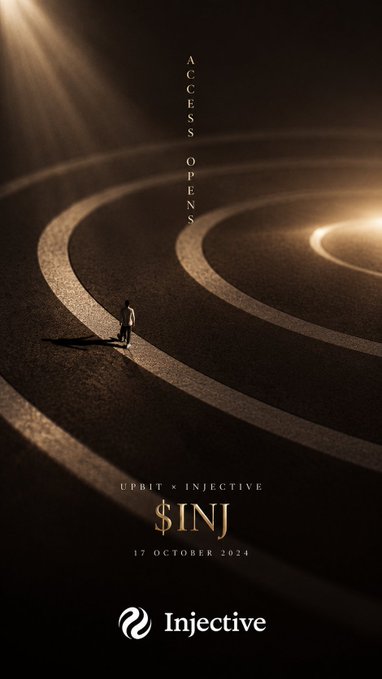 Promotional graphic reading 'ACCESS OPENS' featuring a small figure on a spiraling path, with text 'UPBIT × INJECTIVE', '$INJ', '17 OCTOBER 2024', and the Injective logo.