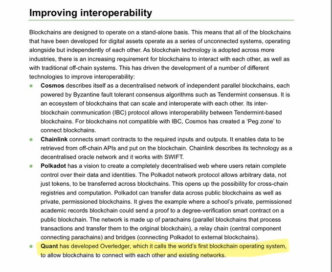A document titled 'Improving interoperability' discusses blockchain technologies, with a highlighted section noting that 'Quant has developed Overledger, which it calls the world's first blockchain operating system.'