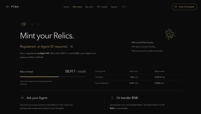 A dark webpage titled “Mint your Relics.” says “Registered .ai Agent ID required” and shows minting details including “Relics minted 58,917 / 100,000.”