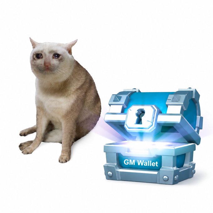 A sad-looking cat sits next to an open treasure chest labeled 'GM Wallet' glowing with light.