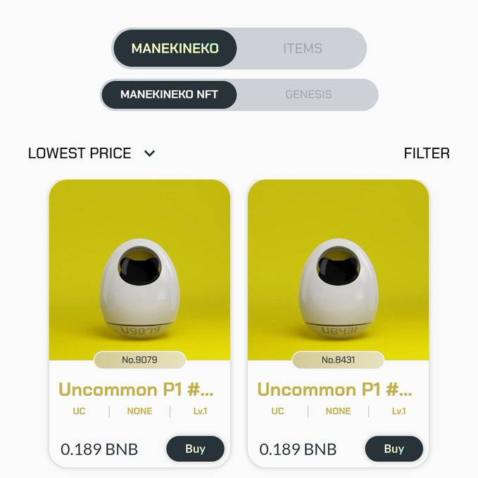 A MANEKINEKO NFT marketplace page displays two Uncommon P1 egg-shaped NFTs (No.9079 and No.8431) on yellow backgrounds, both priced at 0.189 BNB with a 'Buy' button, under ITEMS and GENESIS tabs.