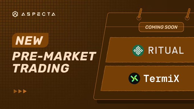 A promotional graphic for Aspecta announcing 'NEW PRE-MARKET TRADING' coming soon, featuring upcoming tokens RITUAL and TermiX.