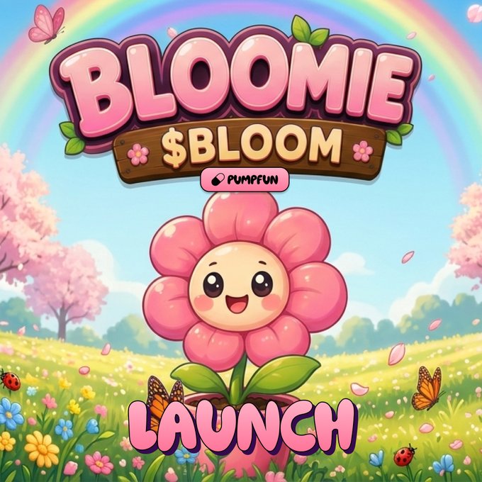 A colorful cartoon-style promotional graphic features a smiling pink flower mascot with the text 'BLOOMIE $BLOOM', 'PUMP.FUN', and 'LAUNCH' set against a rainbow, butterflies, and a flower-filled meadow.
