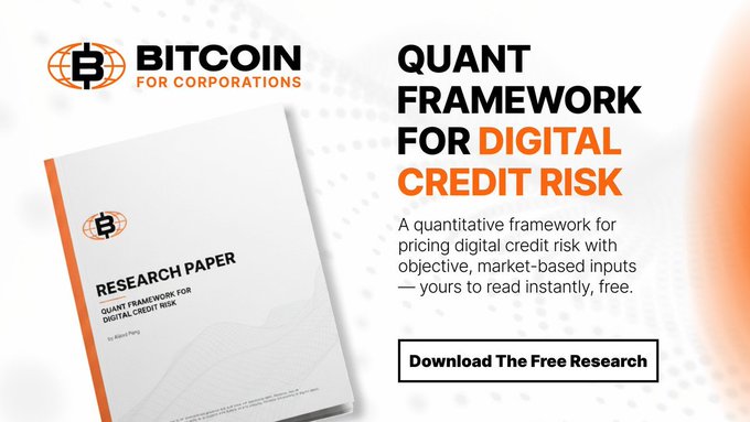 Promotional banner for "Bitcoin for Corporations" featuring a research paper mockup titled "Quant Framework for Digital Credit Risk," with a call-to-action button inviting viewers to download the free research. The accompanying post highlights the report's relevance to the rapid growth of digital credit to $14B, presenting a quantitative framework for pricing its risk, which aligns with the image's branding and offer.