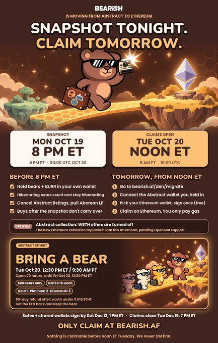 A Bearish NFT collection infographic announces the snapshot tonight (Mon Oct 19, 8 PM ET) and claims opening tomorrow (Tue Oct 20, Noon ET), detailing the migration process and a 'Bring a Bear' Platinum 2/Diamond 3 raffle worth 0.055 ETH each.
