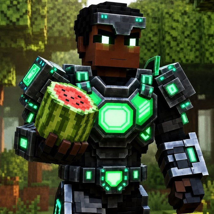 A Minecraft-style character in futuristic black and green glowing armor holds a pixelated watermelon slice in a blocky forest setting, presented as a humorous representation of a Solana trader's identity.
