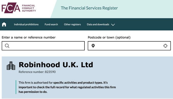 This image shows Robinhood U.K. Ltd, with reference number 823590, listed on the FCA's Financial Services Register, confirming its authorization for specific activities.