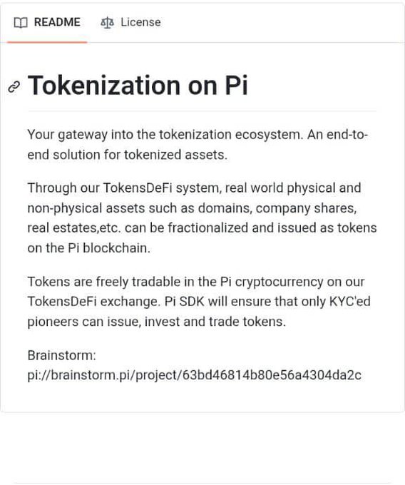 A README document titled 'Tokenization on Pi' describing an end-to-end solution for tokenized assets using the TokensDeFi system on the Pi blockchain, mentioning domain/real estate tokenization and KYC'd pioneers, with a brainstorm link at the bottom.
