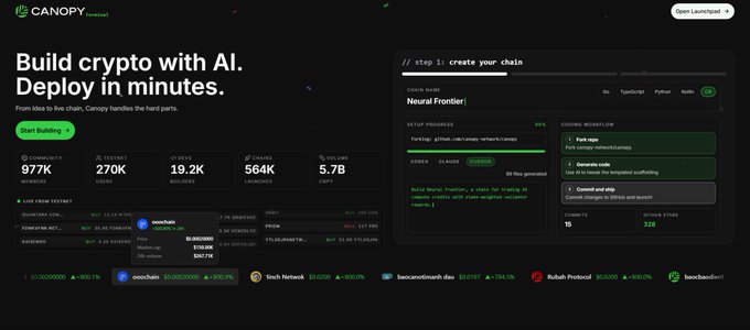 A promotional dashboard for Canopy, an AI crypto chain builder, highlighting stats like 977K community members, 270K Twitter followers, 19.2K Discord, and showing a 'Neural Frontier' chain creation interface.