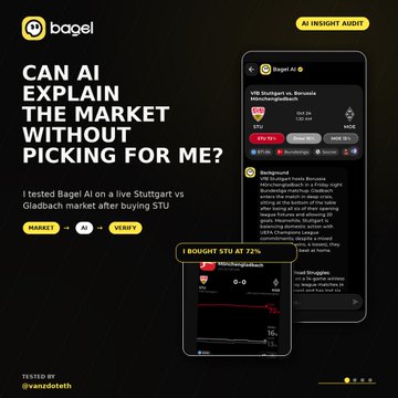 A black-and-yellow Bagel AI promotional graphic asks “CAN AI EXPLAIN THE MARKET WITHOUT ME?” and advertises AI insight, an AI market, an AI strategy, and verified performance data.