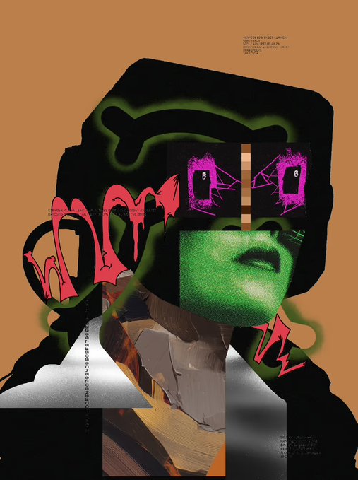 A surreal digital collage shows a fragmented figure with a green-tinted mouth section, purple rectangular eye-like elements, and red graffiti-style text overlaid on an orange background.