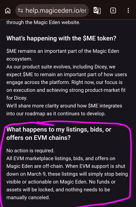 A Magic Eden help page screenshot with a pink hand-drawn circle highlighting information about EVM chain listings, bids, and offers, stating that no action is required when EVM support shuts down on March 9.