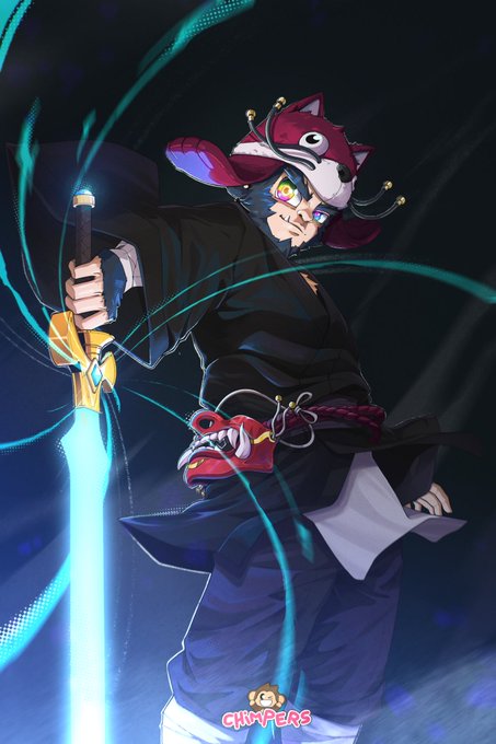 The image depicts a mystical sorcerer character with a fox-themed headpiece, wielding a glowing blue sword, with magical energy swirling around them—matching the mystical concept described in the caption. The text "CHIMPERS" appears at the bottom with a small monkey logo, identifying it as an official Chimpers NFT artwork, fitting the caption's reference to "@ChimpersHQ."
