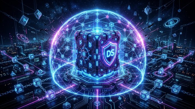 A neon-lit digital artwork depicts a futuristic, glowing cube labeled "DS" surrounded by protective energy shields, floating above a high-tech circuit board landscape with floating data nodes.