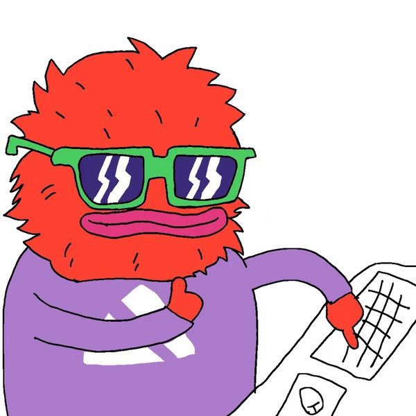 An illustration of a red, furry Muppet-like character wearing green sunglasses and a purple shirt with a white 'X', giving a thumbs-up while pointing at charts and papers.