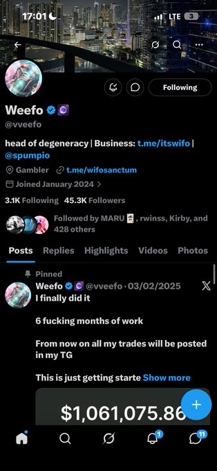 The image shows a Twitter/X profile for "Weefo" (@vweefo) with a pinned post displaying "$1,061,075.86" prominently, matching the accompanying post celebrating a winning trade made via the Solana contract address shared in the caption.