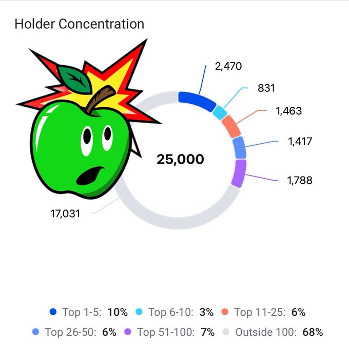 A 'Holder Concentration' chart for an NFT collection shows a green apple explosion logo with a total of 25,000, distributed across Top 1-5 (10%, 2,470), Top 6-10 (3%, 831), Top 11-25 (6%, 1,463), Top 26-50 (6%, 1,417), Top 51-100 (7%, 1,788), and Outside 100 (68%, 17,031).