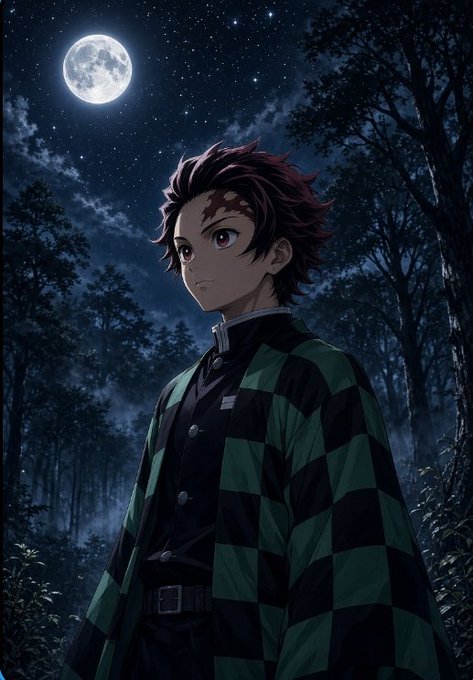 An anime-style illustration of a character with red hair wearing a green and black checkered jacket standing under a full moonlit forest sky.