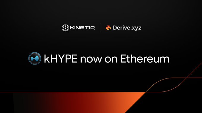 A dark promotional graphic announces "kHYPE now on Ethereum," featuring the Kinetiq.xyz and Derive.xyz logos at the top, a circular kHYPE token icon, and a stylized orange swoosh at the bottom — visually reinforcing the launch partnership mentioned in the post.