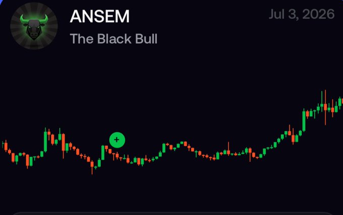 A candlestick chart of the ticker $ANSEM, nicknamed "The Black Bull," dated Jul 3, 2026, shows a strong uptrend on the right side, visually supporting the poster's claim of a ~2x return after buying in at the $101.8M mark.