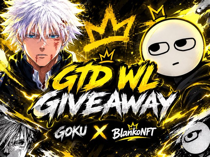 A promotional graphic for a 'GTD WL GIVEAWAY' featuring anime character Gojo from Jujutsu Kaisen and a white mask character, collaborating with BlankoNFT.