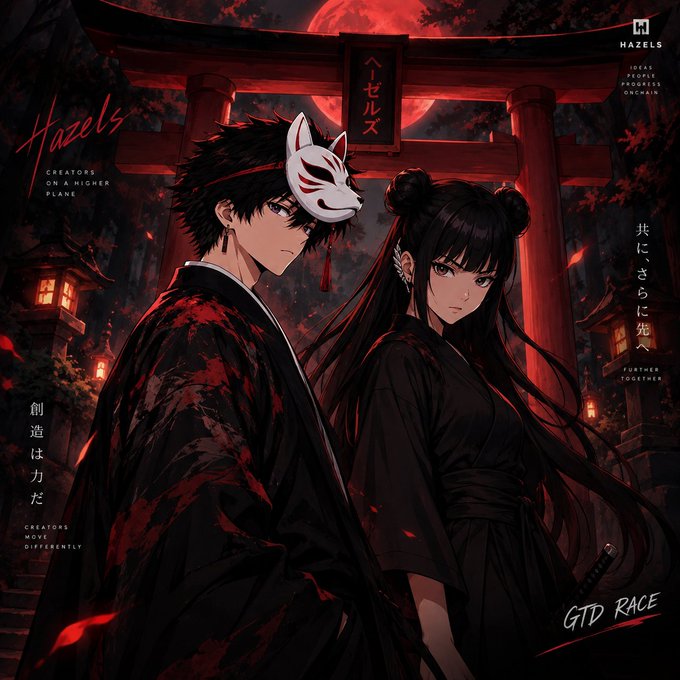 Anime-style artwork by 'HAZELS' featuring two characters in dark kimonos standing before a red torii gate under a red moon, with text 'CREATORS MAKE A RICHER PLANE' and 'GTD RACE'.