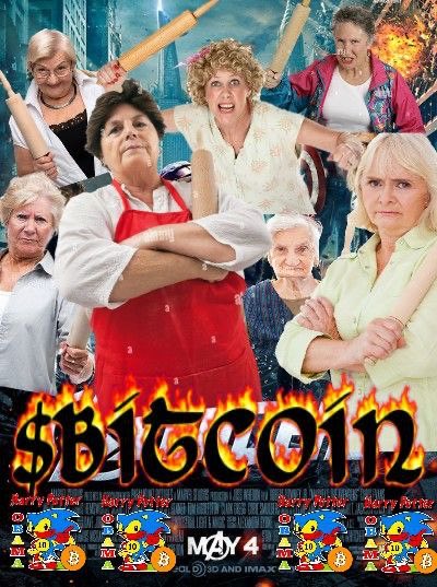 A parody movie poster titled '$bitcoin' showing older women holding rolling pins, parodying the Angry Birds 'Møy 4' poster style with a city and explosions in the background.
