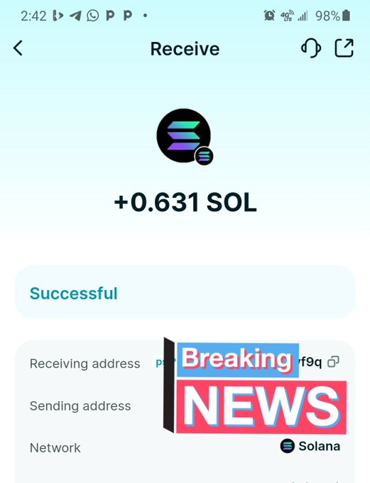 A screenshot of a crypto wallet app showing a successful receipt of +0.631 SOL on the Solana network, paired with the post celebrating winning a thread contest from @SAFTokenSOL—likely suggesting the SOL was awarded as a prize.