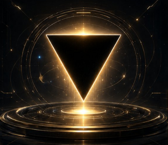A glowing golden inverted triangle surrounded by concentric circular patterns and cosmic sparkles on a dark background.
