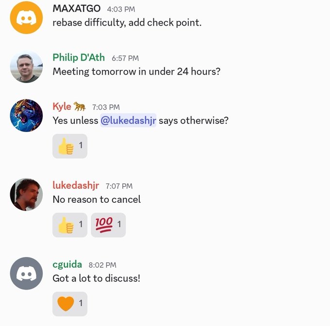 A Discord chat shows a meeting confirmation among users including Philip D'Ath, Kyle, lukedashjr, and cguida, with cguida mentioning "Got a lot to discuss!" regarding a meeting "tomorrow in under 24 hours." The conversation, posted alongside the caption about resetting mining difficulty and preparing a new algorithm, suggests the upcoming meeting likely involves the proposed difficulty rebase and checkpoint changes mentioned earlier by MAXATGO.
