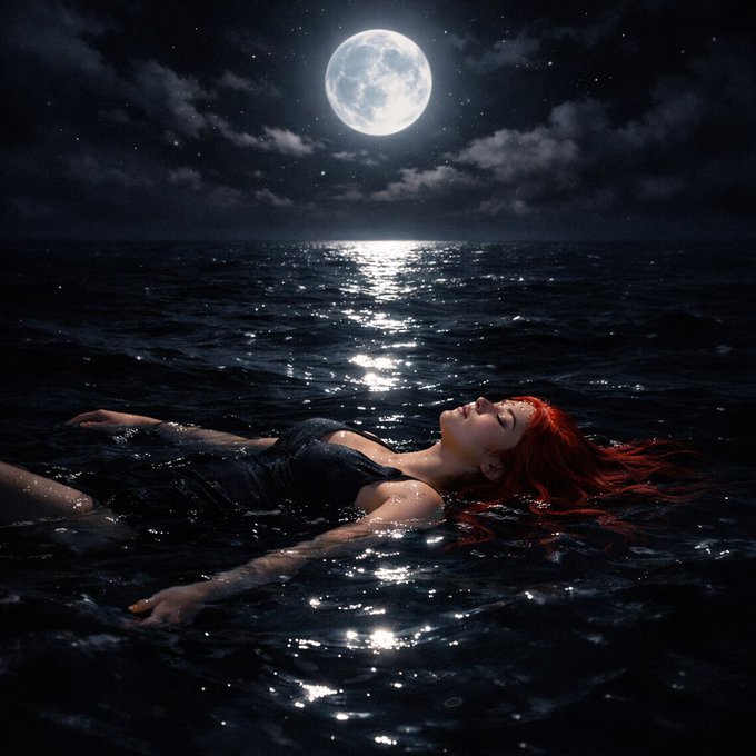 A digitally rendered scene of a red-haired woman in a dark swimsuit floating peacefully on the surface of the ocean at night beneath a bright full moon.