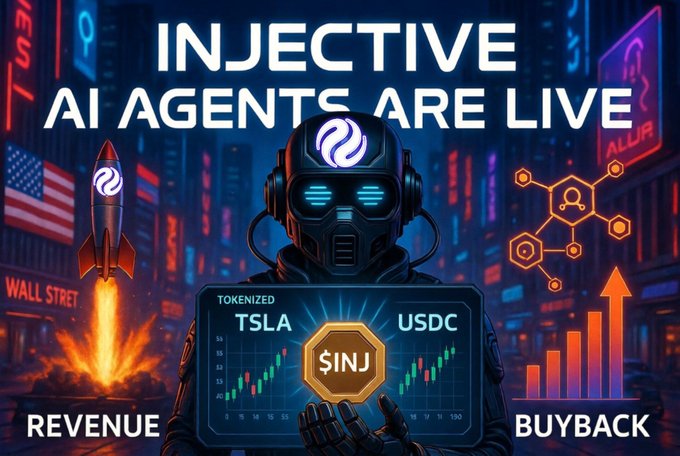 The image features a man wearing a helmet with goggles and holding a laptop computer while standing in front of a rocket ship. The background shows a cityscape at night with neon lights and buildings illuminated by firecrackers, creating an urban atmosphere. The caption above the image reads "Injective AI agents are live", indicating that the man is promoting or discussing the concept of using AI agents for various purposes.