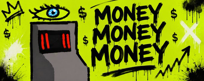 A neon green graffiti-style banner featuring a gray robot character with red eyes and a crown, dollar signs, an X mark, and the text 'MONEY MONEY MONEY' in dripping black paint.