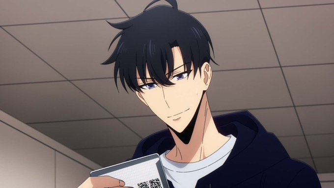 An anime-style illustration shows a dark-haired young man with purple eyes smirking while looking at his phone, displaying a QR code on the screen. The image pairs with the post's crypto giveaway claim, evoking the deceptive charm and false promises typical of social media "send to win" scams, where the polished, friendly appearance conceals fraudulent intent.