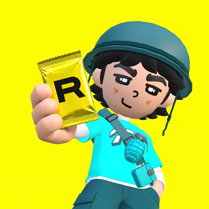 A 3D-rendered cartoon character wearing a blue helmet and teal shirt with a grenade strapped across the chest confidently holds up a small yellow snack packet marked with a bold black letter "R," which ties into the post's shoutout to the Rarible NFT platform being featured on Solana.