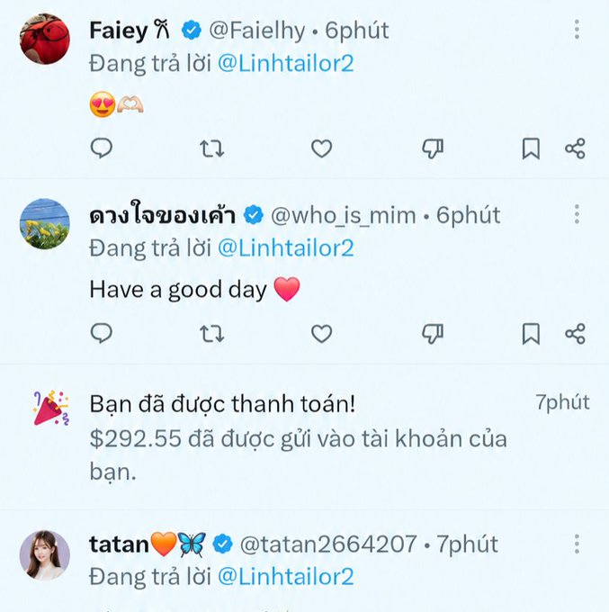 The image shows a Twitter/X feed featuring replies to @Linhtailor2 from users "Fạiey ✝" and "ดาวใจของเค้า @who_is_mim," alongside a payment confirmation notification stating "$292.55 đã được gửi vào tài khoản của bạn" (has been sent to your account). The post expresses the user's nerves while watching a CR7 (Cristiano Ronaldo) match and simultaneously waiting for a payout notification, with the image capturing the real-time anticipation of both the sporting event and the financial transaction result.