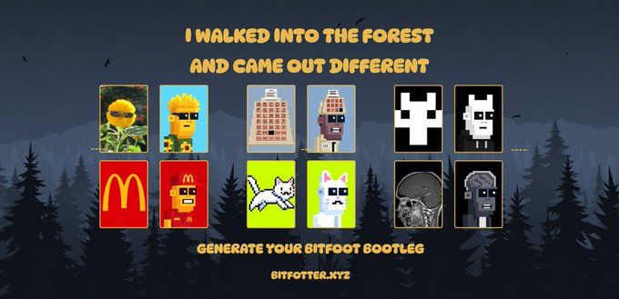 A promotional graphic for a "BITFOOT" NFT project titled "I WALKED INTO THE FOREST AND CAME OUT DIFFERENT", displaying pixel art characters and a website "BITFOOTER.XYZ".