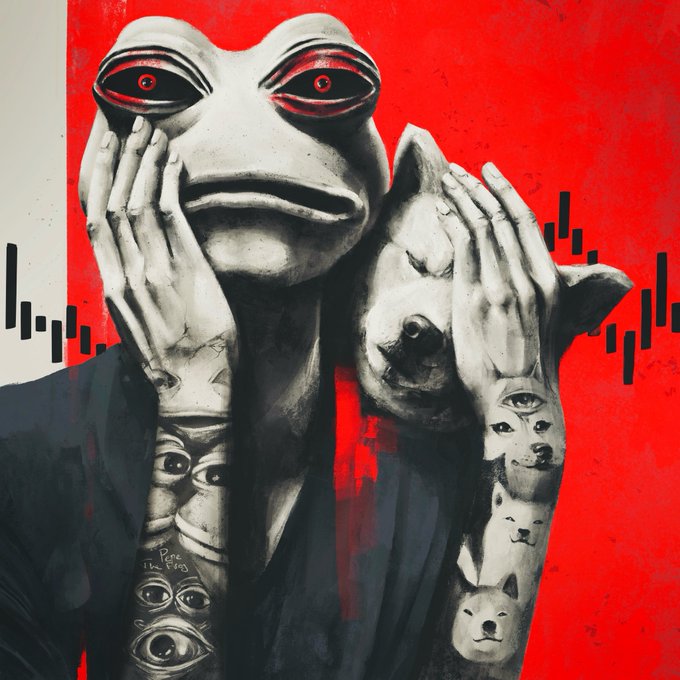 A surreal, dark painting on a bright red background features a creature resembling a frog or alien covering its face with tattooed hands, its arms covered in eyes and faces of dogs and other beings.