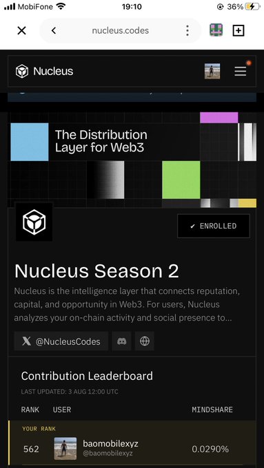 A mobile screenshot of the "Nucleus" website showing "Nucleus Season 2" and a Contribution Leaderboard where user "baomobilexyz" is ranked 562 with 0.0290% mindshare.