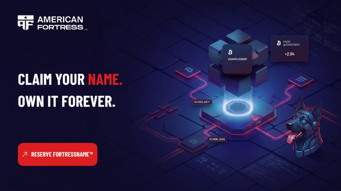 A promotional banner for 'American Fortress' featuring a 3D blockchain-themed design with a Doberman dog and the text 'CLAIM YOUR NAME. OWN IT FOREVER.'