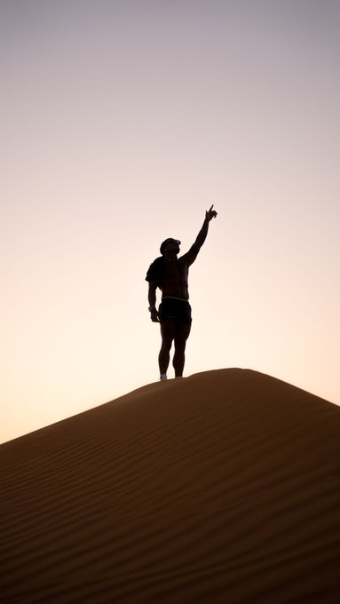 A silhouetted figure stands triumphantly atop a sand dune with one arm raised toward the sky at sunset, embodying the post's message of relentless drive and perseverance. The image visually reinforces the motivational theme of grinding through weekends as one would weekdays, symbolizing the high point of ambition and unwavering determination.