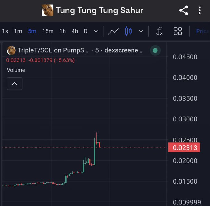 A cryptocurrency price chart on DexScreener showing 'Tung Tung Tung Sahur' (TripleT/SOL on PumpS) trading pair, with current price 0.02313, down -5.63% (red 5m candle view).