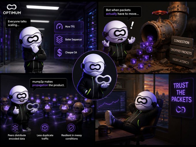 A four-panel promotional graphic for 'OPTIMUM' featuring a white mascot character, with text including 'Everyone talks scaling...', 'More TPS', 'Better Sequencer', 'Cheaper DA', 'mump2p makes propagation the product', 'TRUST THE PACKETS', 'Peers distribute encoded data', 'Less duplicate traffic', and 'Resilient in messy conditions'.