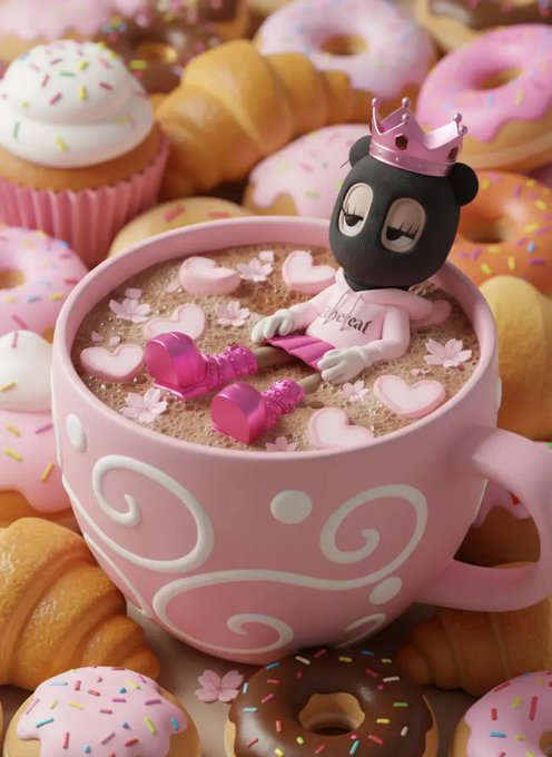 A small plush doll wearing a pink crown and shirt sits inside a large pink mug filled with a beverage and heart-shaped sprinkles, surrounded by donuts, croissants, and cupcakes.