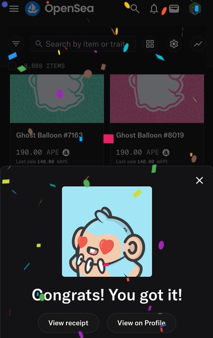 A mobile screenshot of an OpenSea marketplace page showing 'Congrats! You got it!' after purchasing a Ghost Balloon NFT for 190.00 APE.