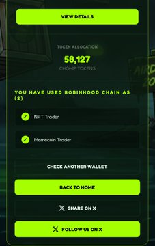 A mobile app screen with neon green accents showing 'TOKEN ALLOCATION 58,127 CHOMP TOKENS' and confirming wallet usage for NFT and Memecoin trading.