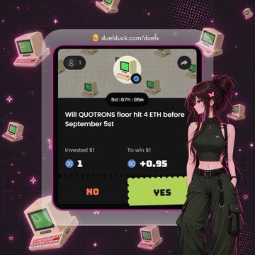 A promotional image for duelduck.com/duels featuring an anime-style girl next to a prediction card asking 'Will QUOTRON's floor hit 4 ETH before September 5?', with NO and YES betting options.