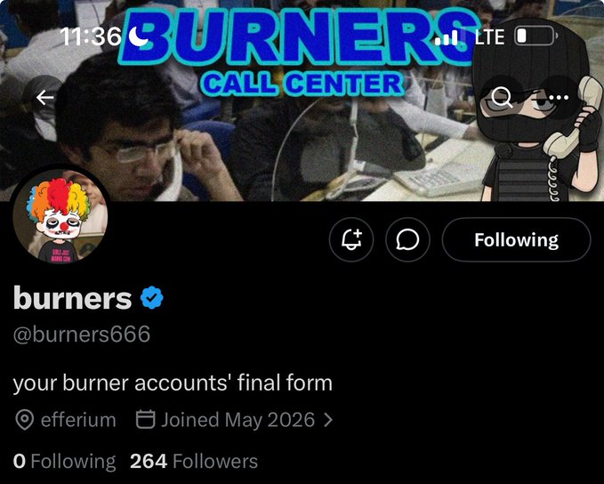 The image features a Twitter post with a cartoon character, likely a clown or a jester, wearing a black hat and glasses. The post includes text that reads "burners call center" and "your burner account final form". There are also some numbers in the post, possibly indicating followers or likes.